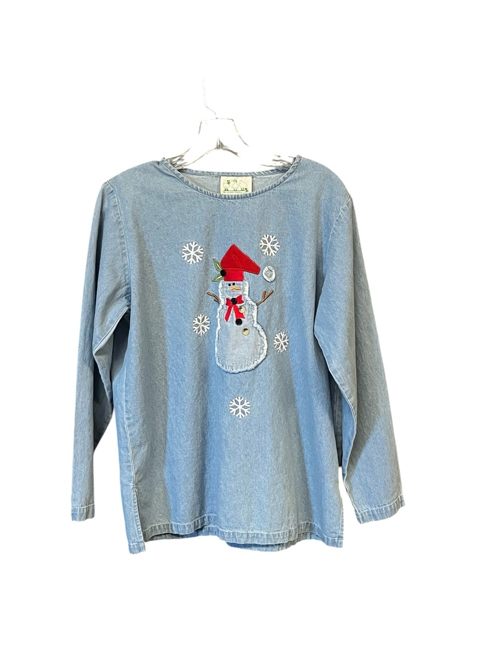 Quacker Factory Snowman Denim Top Women M Blue Christmas Holiday Embroidered